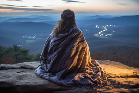 Serene mountain repose: girl finding tranquility in nature's embrace, panoramic relaxation amid breathtaking landscapesの素材