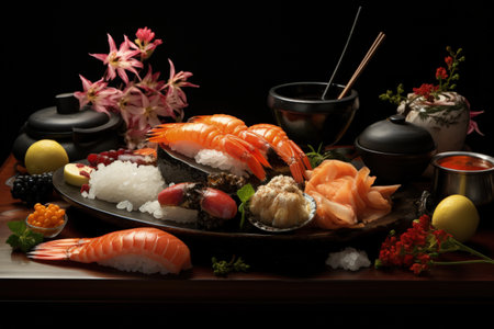 The aesthetics of Japanese cuisine. Sushi. Rice with vinegar seasoning. Various seafood. Delicottes. Tasty food. Seasonings and spices. Sashimi Rolls Ramen Poke.の素材