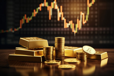 Stacked gold bars, golden coins, stock exchange ambiance, and dynamic stock charts are a visual narrative of wealth, finance, and market trends.の素材