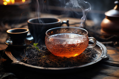 invigorating elegance: Kettle of tea, brewing, a cup of tranquil tea, capturing serenity and flavor in every sip, embracing the art of relaxation and timeless rituals.の素材