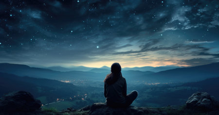 Serene mountain repose: girl finding tranquility in nature's embrace, panoramic relaxation amid breathtaking landscapesの素材