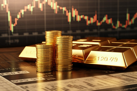 Stacked gold bars, golden coins, stock exchange ambiance, and dynamic stock charts are a visual narrative of wealth, finance, and market trends.の素材