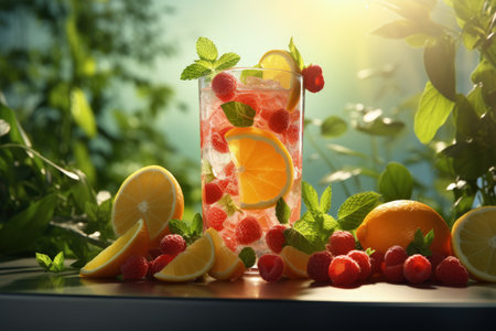 Quenching summer thirst: vibrant fruity drinks on ice, a refreshing blend of citrus, tropical flavors, and coolness for a perfect summer chill-out, deliciously tempting and visually appealingの素材
