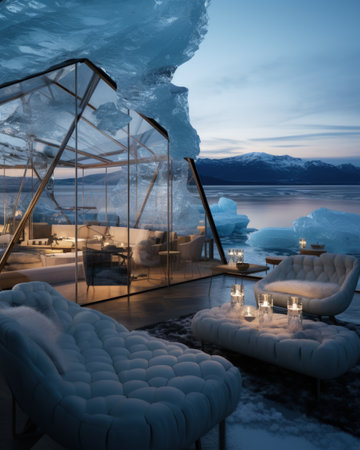 A house of the future built in an iceberg in Anarctica. Future living: innovative house within antarctic iceberg - sustainable design and isolation in the frozen wildernessの素材