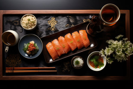 The aesthetics of Japanese cuisine. Sushi. Rice with vinegar seasoning. Various seafood. Delicottes. Tasty food. Seasonings and spices. Sashimi Rolls Ramen Poke.の素材