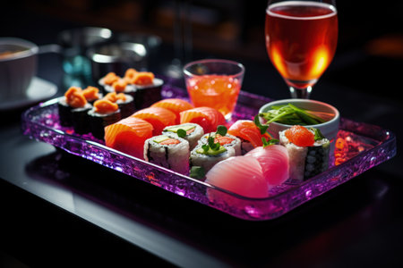 The aesthetics of Japanese cuisine. Sushi. Rice with vinegar seasoning. Various seafood. Delicottes. Tasty food. Seasonings and spices. Sashimi Rolls Ramen Poke.の素材