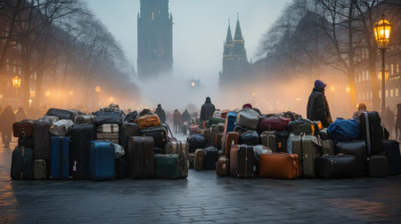 Modern world problem refugees, displaced immigrants emigrants, war victim fleeing military conflict, saving your own life, homelessness waifless children, group of people with luggageの素材