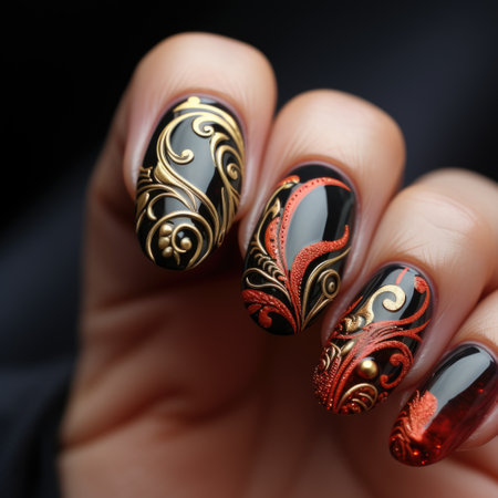 Elegant nails and trendy manicure showcase beauty, sophistication, and creativity in modern nail art, offering a glimpse into the world of stylish and meticulously adorned fingertipsの素材