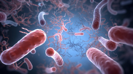 Escherichia Coli, E. Coli Bacterial Strains, Health and Food Safety microcosm, organismal and human biology science and researchの素材