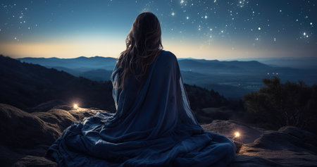 Serene mountain repose: girl finding tranquility in nature's embrace, panoramic relaxation amid breathtaking landscapesの素材