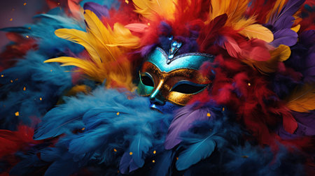 A vibrant carnival unfolds colorful masks adorning people's faces, creating an atmosphere of joy, festivity, mystery. mask showcase intricate designs, adding element of elegance to lively celebrationの素材