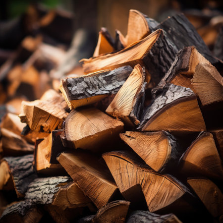 An inviting scene featuring neatly stacked chopped firewood, ready for winter heating. The rustic charm of the logs evokes warmth and sustainability in a cozy, eco-friendly setting.の素材