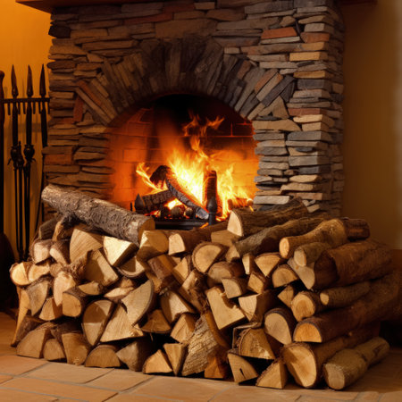 An inviting scene featuring neatly stacked chopped firewood, ready for winter heating. The rustic charm of the logs evokes warmth and sustainability in a cozy, eco-friendly setting.の素材