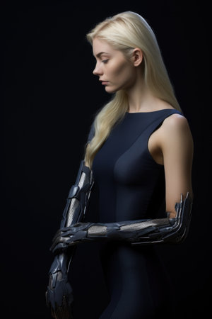 Young girl confidently with technologically advanced prosthetic arm. Integrates natural movement, symbolizing resilience, empowerment, intersection of humanity with cutting-edge assistive technology.の素材