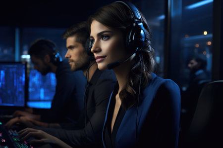 Call-center operator in action: providing exceptional customer service, wearing a headset, and managing inquiries with efficiency and professionalismの素材