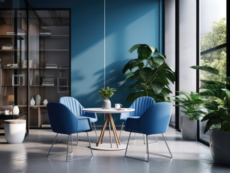 Modern office with plants for a refreshing and productive workspace. eco-friendly open plan modern office space enriched with lush greenery, seamlessly merging nature and work in a harmonious settingの素材