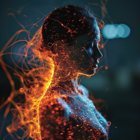 Human electromagnetic field - a subtle, radiant energy enveloping body. Vibrant frequencies depict dynamic interplay of life force, resonating in harmony with the holistic vitality of the individualの素材