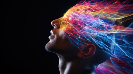 Human electromagnetic field - a subtle, radiant energy enveloping body. Vibrant frequencies depict dynamic interplay of life force, resonating in harmony with the holistic vitality of the individualの素材