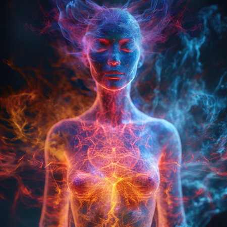 Human electromagnetic field - a subtle, radiant energy enveloping body. Vibrant frequencies depict dynamic interplay of life force, resonating in harmony with the holistic vitality of the individualの素材