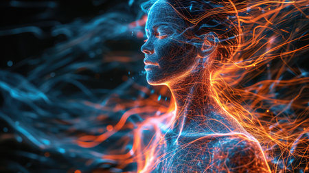 Human electromagnetic field - a subtle, radiant energy enveloping body. Vibrant frequencies depict dynamic interplay of life force, resonating in harmony with the holistic vitality of the individualの素材