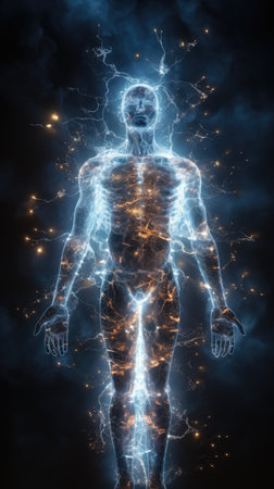 Human electromagnetic field - a subtle, radiant energy enveloping body. Vibrant frequencies depict dynamic interplay of life force, resonating in harmony with the holistic vitality of the individualの素材