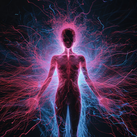 Human electromagnetic field - a subtle, radiant energy enveloping body. Vibrant frequencies depict dynamic interplay of life force, resonating in harmony with the holistic vitality of the individualの素材