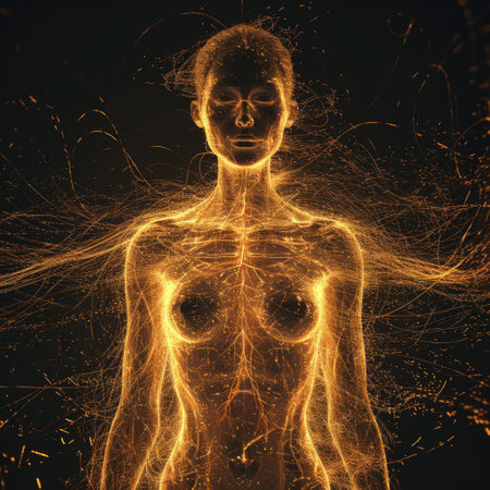 Human electromagnetic field - a subtle, radiant energy enveloping body. Vibrant frequencies depict dynamic interplay of life force, resonating in harmony with the holistic vitality of the individualの素材