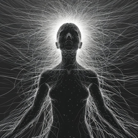 Human electromagnetic field - a subtle, radiant energy enveloping body. Vibrant frequencies depict dynamic interplay of life force, resonating in harmony with the holistic vitality of the individualの素材