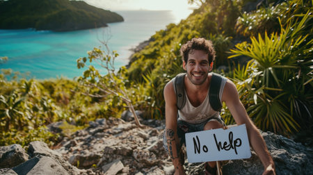 Embrace of carefree living: a persona on a deserted island, holding a sign proclaiming well-being, a tranquil portrayal of solitude, joy, and contentment in the simplicity of a remote paradiseの素材