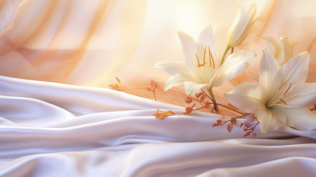 Graceful magnolia and lily banner: serene floral beauty with ample copy space, perfect for diverse creative projects and elegant designsの素材