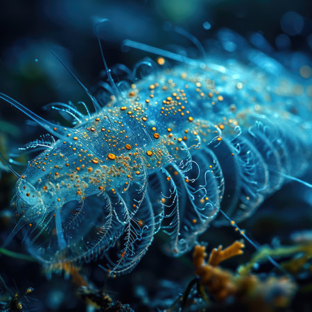 Infusoria aquatic. Tiny ciliates and flagellates create a vibrant ecosystem, embodying the intricate biodiversity within water environments, revealing the hidden world of minute, dynamic life formsの素材