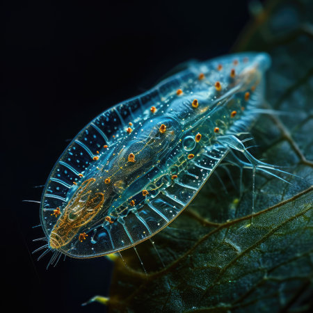 Infusoria aquatic. Tiny ciliates and flagellates create a vibrant ecosystem, embodying the intricate biodiversity within water environments, revealing the hidden world of minute, dynamic life formsの素材