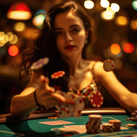 Elegance at the table: a beautiful woman playing texas hold'em poker, style and confidence in the thrilling world of cards, chips, strategic gameplay, glamor meets the art of chanceの素材