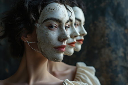 Fake emotion, character roles, intricate interplay of masks, moods, psychological defense mechanisms performed role-playing, concealing false visage for defense, theater Psychology psychoanalysis.の素材