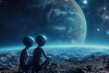 Extraterrestrial gaze: aliens observing planet earth, an interstellar exploration of cosmic curiosity and distant beings contemplating our terrestrial home from the vast reaches of the universeの素材