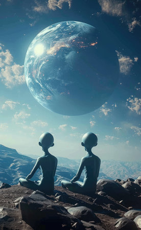 Extraterrestrial gaze: aliens observing planet earth, an interstellar exploration of cosmic curiosity and distant beings contemplating our terrestrial home from the vast reaches of the universeの素材