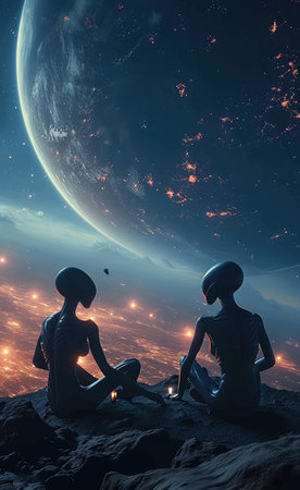 Extraterrestrial gaze: aliens observing planet earth, an interstellar exploration of cosmic curiosity and distant beings contemplating our terrestrial home from the vast reaches of the universeの素材