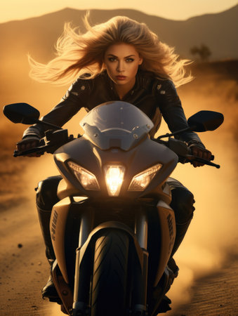 Adventurous spirit: fearless of a female biker, an ode to freedom, empowerment, and roaring thrill of the open road, passion meets the asphalt in symphony of curves and chrome.の素材