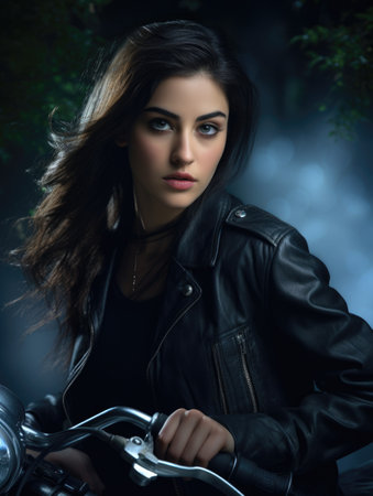 Adventurous spirit: fearless of a female biker, an ode to freedom, empowerment, and roaring thrill of the open road, passion meets the asphalt in symphony of curves and chrome.の素材