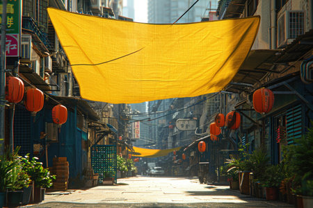 An umbrella to cover the street: a stylish and functional solution enhancing urban landscapes, shelter and aesthetics for pedestrians in all weather conditions, a vibrant outdoor experience.の素材