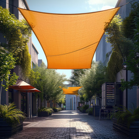 An umbrella to cover the street: a stylish and functional solution enhancing urban landscapes, shelter and aesthetics for pedestrians in all weather conditions, a vibrant outdoor experience.の素材