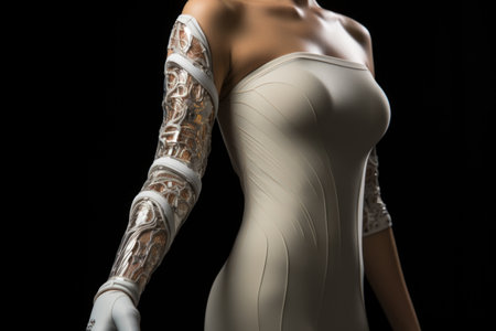Young girl confidently with technologically advanced prosthetic arm. Integrates natural movement, symbolizing resilience, empowerment, intersection of humanity with cutting-edge assistive technology.の素材