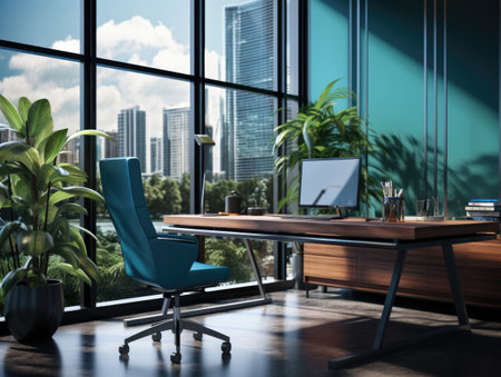 Modern office with plants for a refreshing and productive workspace. eco-friendly open plan modern office space enriched with lush greenery, seamlessly merging nature and work in a harmonious settingの素材