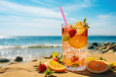 Quenching summer thirst: vibrant fruity drinks on ice, a refreshing blend of citrus, tropical flavors, and coolness for a perfect summer chill-out, deliciously tempting and visually appealingの素材