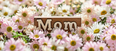 Banner with text mom adorned with flowers, a heartwarming and floral tribute to celebrate the essence of motherhood, expressing love and appreciation in beautifully designed sentiment filled display.の素材