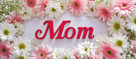 Banner with text mom adorned with flowers, a heartwarming and floral tribute to celebrate the essence of motherhood, expressing love and appreciation in beautifully designed sentiment filled display.の素材