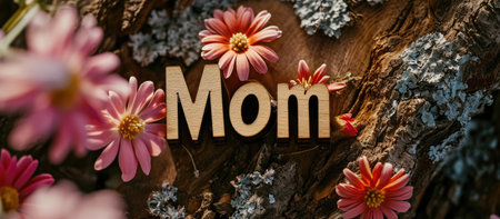 Banner with text mom adorned with flowers, a heartwarming and floral tribute to celebrate the essence of motherhood, expressing love and appreciation in beautifully designed sentiment filled display.の素材