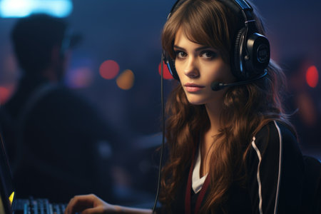 Call-center operator in action: providing exceptional customer service, wearing a headset, and managing inquiries with efficiency and professionalismの素材