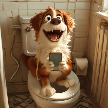 3d animated cartoon funny cute character dog with phone sits on the toilet bowl in the bathroom.の素材