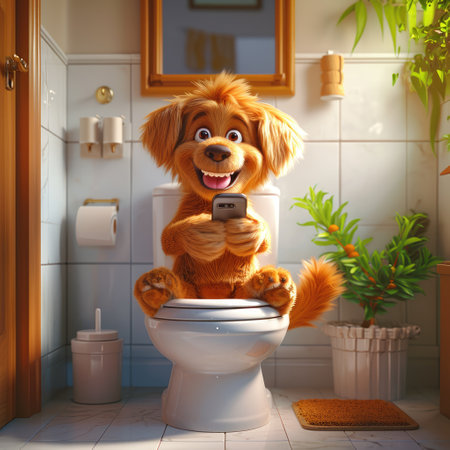 3d animated cartoon funny cute character dog with phone sits on the toilet bowl in the bathroom.の素材
